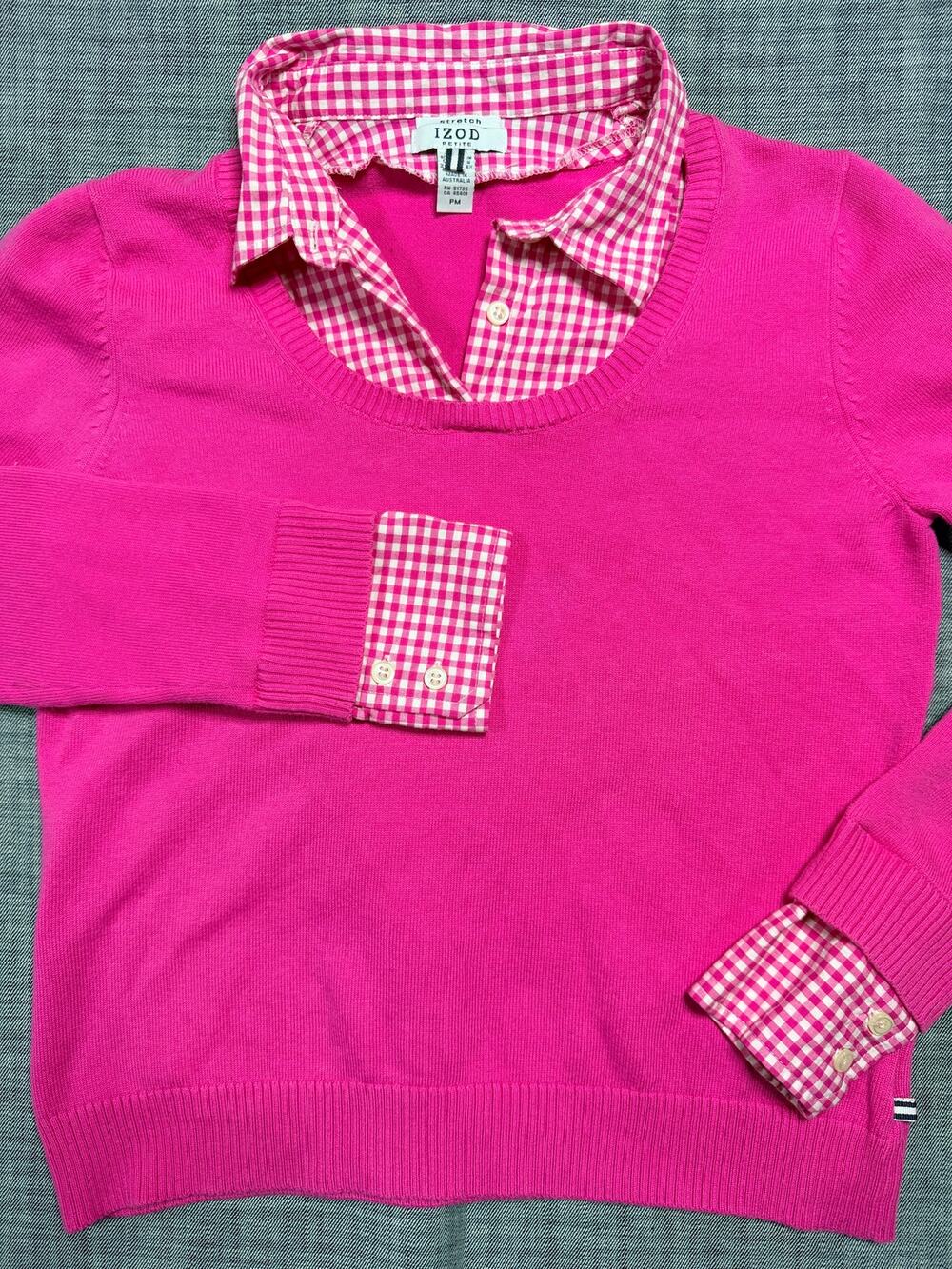 IZOD Petite Pink Layered Look Sweater Gingham Shirt Collar Cuffs Stretch